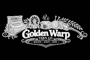 Logo of Golden Warp Yarn Co. featuring yarn, a loom, and a wheel.